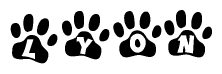 The image shows a series of animal paw prints arranged in a horizontal line. Each paw print contains a letter, and together they spell out the word Lyon.