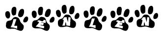 The image shows a row of animal paw prints, each containing a letter. The letters spell out the word Lenlen within the paw prints.