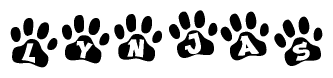 The image shows a series of animal paw prints arranged horizontally. Within each paw print, there's a letter; together they spell Lynjas