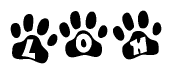 The image shows a series of animal paw prints arranged horizontally. Within each paw print, there's a letter; together they spell Loh