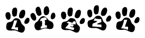 The image shows a row of animal paw prints, each containing a letter. The letters spell out the word Liezl within the paw prints.