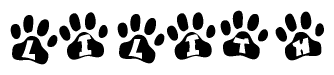 The image shows a row of animal paw prints, each containing a letter. The letters spell out the word Lilith within the paw prints.