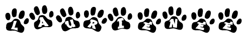 The image shows a series of animal paw prints arranged horizontally. Within each paw print, there's a letter; together they spell Laurienee