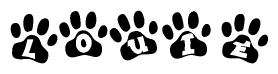 The image shows a series of animal paw prints arranged horizontally. Within each paw print, there's a letter; together they spell Louie