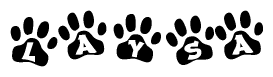 The image shows a series of animal paw prints arranged in a horizontal line. Each paw print contains a letter, and together they spell out the word Laysa.