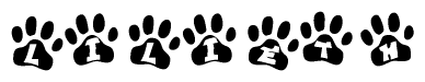 The image shows a row of animal paw prints, each containing a letter. The letters spell out the word Lilieth within the paw prints.