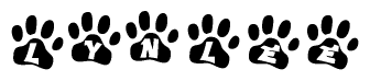 The image shows a series of animal paw prints arranged horizontally. Within each paw print, there's a letter; together they spell Lynlee