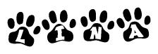 The image shows a row of animal paw prints, each containing a letter. The letters spell out the word Lina within the paw prints.
