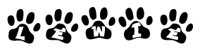 The image shows a series of animal paw prints arranged horizontally. Within each paw print, there's a letter; together they spell Lewie