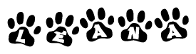 The image shows a series of animal paw prints arranged in a horizontal line. Each paw print contains a letter, and together they spell out the word Leana.