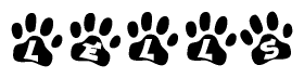 The image shows a row of animal paw prints, each containing a letter. The letters spell out the word Lells within the paw prints.
