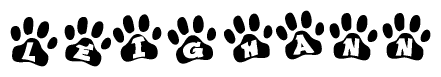 The image shows a series of animal paw prints arranged horizontally. Within each paw print, there's a letter; together they spell Leighann