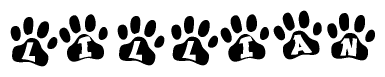 The image shows a row of animal paw prints, each containing a letter. The letters spell out the word Lillian within the paw prints.