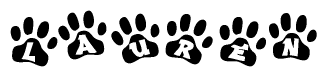 The image shows a series of animal paw prints arranged horizontally. Within each paw print, there's a letter; together they spell Lauren