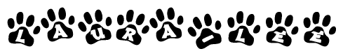 The image shows a series of animal paw prints arranged horizontally. Within each paw print, there's a letter; together they spell Laura-lee