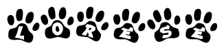 The image shows a row of animal paw prints, each containing a letter. The letters spell out the word Lorese within the paw prints.
