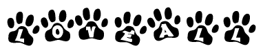 The image shows a row of animal paw prints, each containing a letter. The letters spell out the word Loveall within the paw prints.