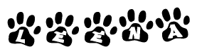 The image shows a row of animal paw prints, each containing a letter. The letters spell out the word Leena within the paw prints.