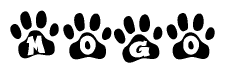 The image shows a series of animal paw prints arranged horizontally. Within each paw print, there's a letter; together they spell Mogo