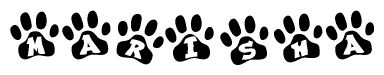 The image shows a row of animal paw prints, each containing a letter. The letters spell out the word Marisha within the paw prints.