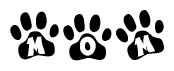 The image shows a row of animal paw prints, each containing a letter. The letters spell out the word Mom within the paw prints.