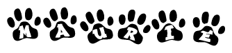The image shows a row of animal paw prints, each containing a letter. The letters spell out the word Maurie within the paw prints.