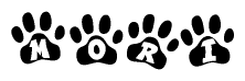 The image shows a series of animal paw prints arranged in a horizontal line. Each paw print contains a letter, and together they spell out the word Mori.