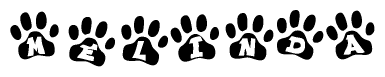 The image shows a row of animal paw prints, each containing a letter. The letters spell out the word Melinda within the paw prints.