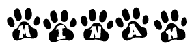The image shows a row of animal paw prints, each containing a letter. The letters spell out the word Minah within the paw prints.