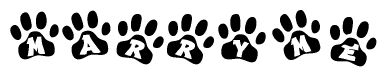 The image shows a row of animal paw prints, each containing a letter. The letters spell out the word Marryme within the paw prints.