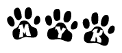 The image shows a series of animal paw prints arranged in a horizontal line. Each paw print contains a letter, and together they spell out the word Myk.