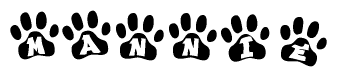 The image shows a series of animal paw prints arranged in a horizontal line. Each paw print contains a letter, and together they spell out the word Mannie.