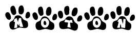 The image shows a series of animal paw prints arranged horizontally. Within each paw print, there's a letter; together they spell Moton
