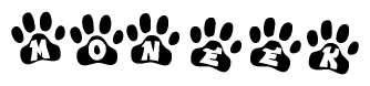The image shows a series of animal paw prints arranged in a horizontal line. Each paw print contains a letter, and together they spell out the word Moneek.