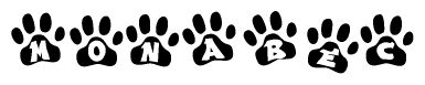 The image shows a series of animal paw prints arranged in a horizontal line. Each paw print contains a letter, and together they spell out the word Monabec.