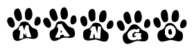 The image shows a series of animal paw prints arranged horizontally. Within each paw print, there's a letter; together they spell Mango
