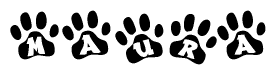 The image shows a series of animal paw prints arranged in a horizontal line. Each paw print contains a letter, and together they spell out the word Maura.