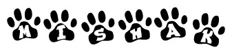 The image shows a series of animal paw prints arranged in a horizontal line. Each paw print contains a letter, and together they spell out the word Mishak.