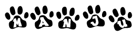 The image shows a series of animal paw prints arranged horizontally. Within each paw print, there's a letter; together they spell Manju