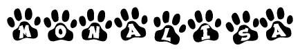 The image shows a series of animal paw prints arranged horizontally. Within each paw print, there's a letter; together they spell Monalisa