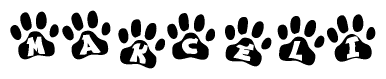 The image shows a series of animal paw prints arranged in a horizontal line. Each paw print contains a letter, and together they spell out the word Makceli.