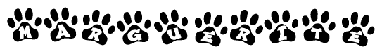 The image shows a row of animal paw prints, each containing a letter. The letters spell out the word Marguerite within the paw prints.