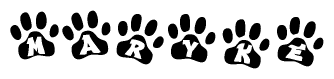 The image shows a row of animal paw prints, each containing a letter. The letters spell out the word Maryke within the paw prints.