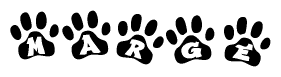 The image shows a series of animal paw prints arranged in a horizontal line. Each paw print contains a letter, and together they spell out the word Marge.