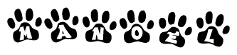 The image shows a series of animal paw prints arranged horizontally. Within each paw print, there's a letter; together they spell Manoel
