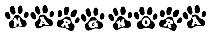 The image shows a series of animal paw prints arranged horizontally. Within each paw print, there's a letter; together they spell Marghora