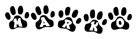 The image shows a row of animal paw prints, each containing a letter. The letters spell out the word Marko within the paw prints.