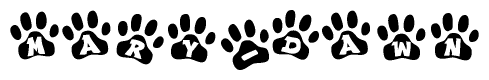 The image shows a row of animal paw prints, each containing a letter. The letters spell out the word Mary-dawn within the paw prints.