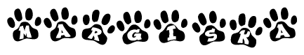 The image shows a series of animal paw prints arranged in a horizontal line. Each paw print contains a letter, and together they spell out the word Margiska.
