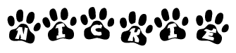 The image shows a series of animal paw prints arranged horizontally. Within each paw print, there's a letter; together they spell Nickie